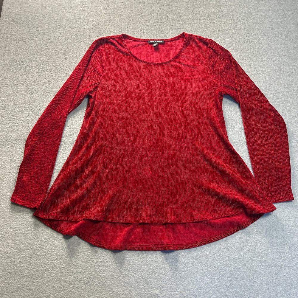 Cable & Gauge Crinkle Knit Top Womens Medium Red Hi‎ Low Long Sleeve Stretch Fit